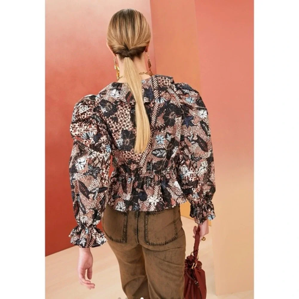 Ulla Johnson Cotton Ruffle Floral Blouse 6 Puff Sleeve Boho Romantic Top artisan